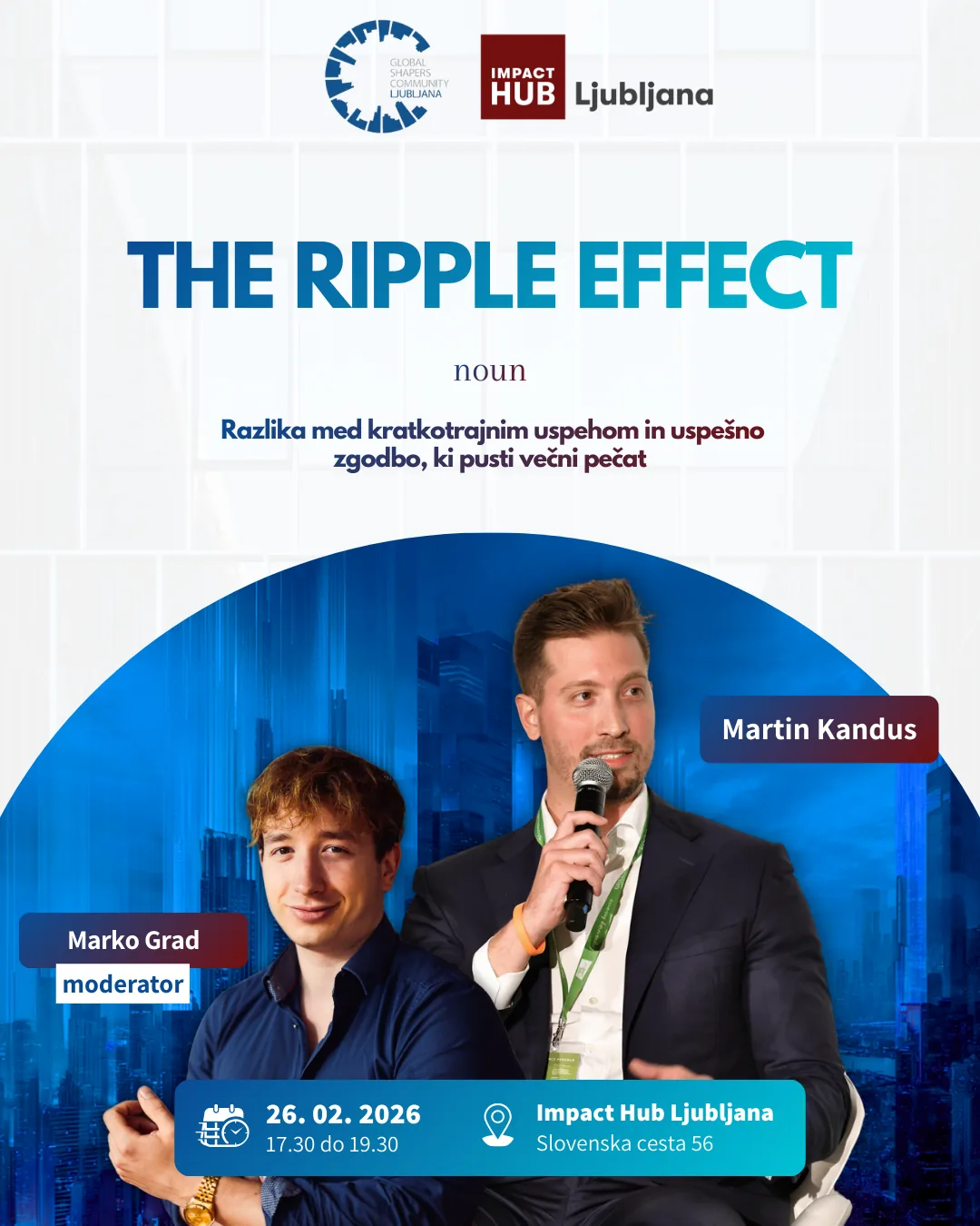 Poster for the talk “The Ripple Effect” on 26 February 2026 at Impact Hub Ljubljana, with guest Martin Kandus speaking into a microphone and moderator Marko Grad.