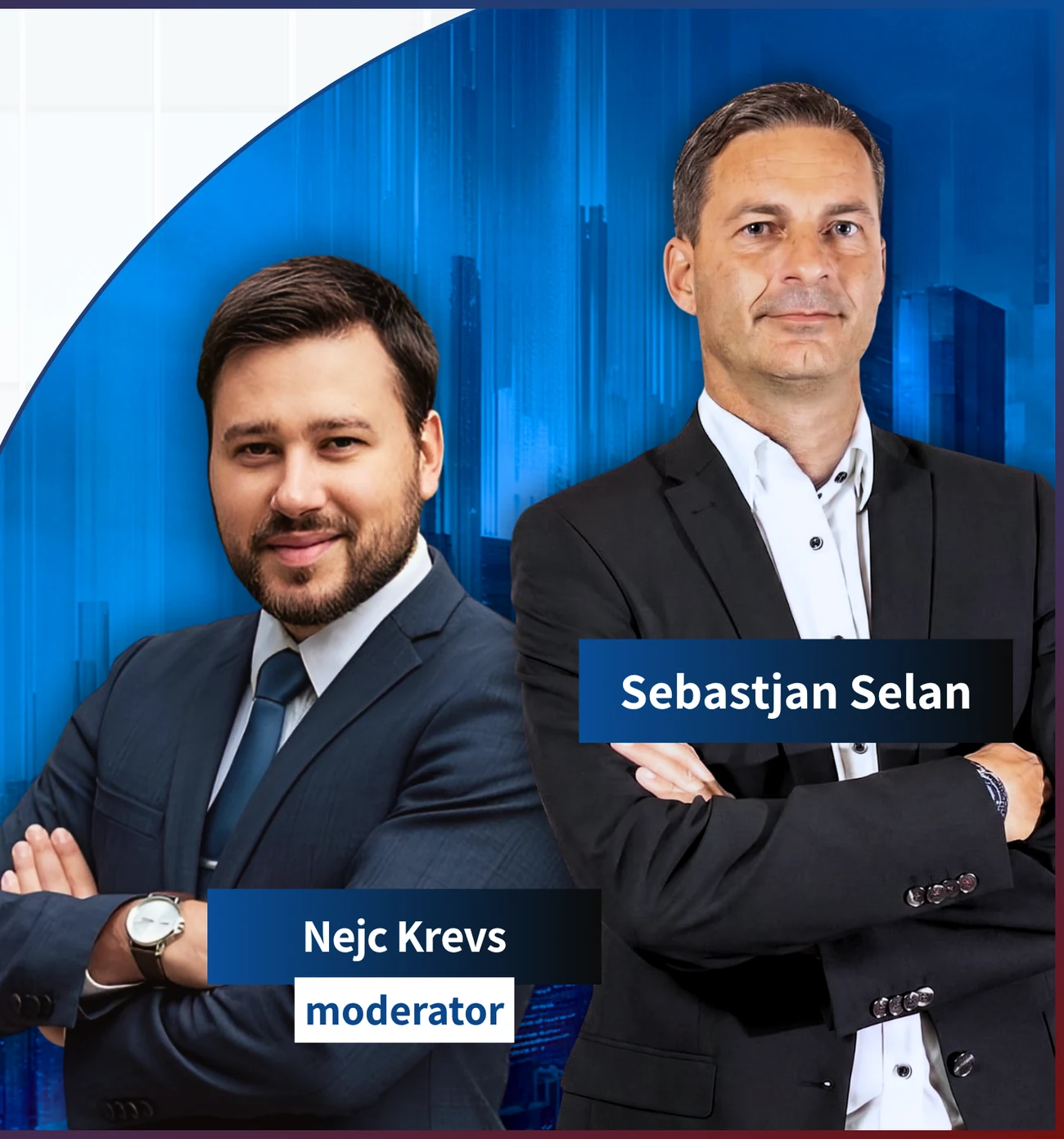 Poster for Critical Intelligence: guest Sebastjan Selan and moderator Nejc Krevs standing with folded arms against a blue city graphic.