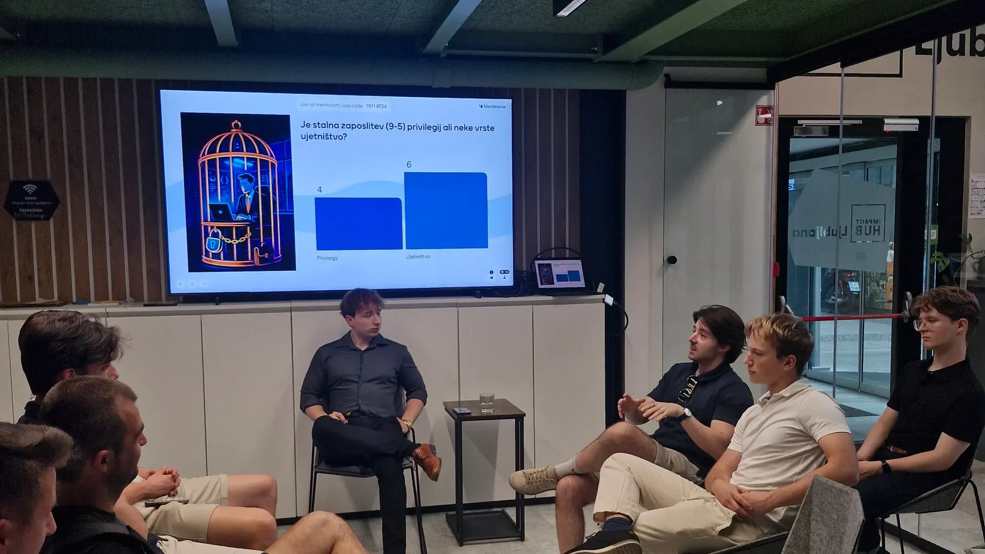 A Shape Talk at Impact Hub Ljubljana: people sitting in a circle of armchairs facing a speaker, with a live audience poll on the screen behind him